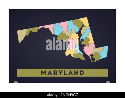 Mappa del Maryland. Poster dello stato DEGLI STATI UNITI con le regioni. Forma del Maryland con il nome dello stato degli Stati Uniti. Illustrazione vettoriale VIBRANT. Illustrazione Vettoriale