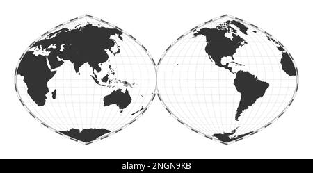 Mappa vettoriale del mondo. Proiezione autenticale quartic interrotta in due emisferi. Mappa geografica del mondo pianeggiante con linee di latitudine e longitudine. Illustrazione Vettoriale