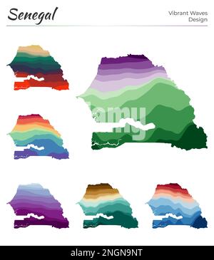 Set di mappe vettoriali del Senegal. Design a onde vibranti. Mappa luminosa del paese in stile geometrico con curve lisce. Mappa del Senegal multicolore per il tuo progetto. Illustrazione Vettoriale