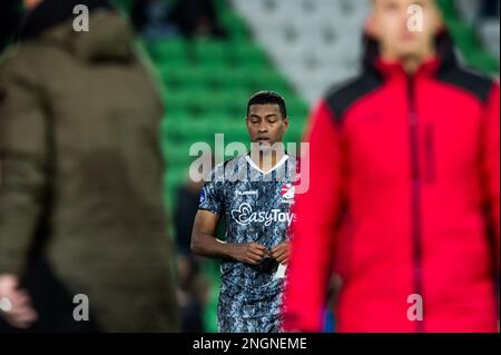 GRONINGEN - Miguel Araujo del FC Emmen durante la partita di campionato olandese tra il FC Groningen e il FC Emmen allo stadio di Euroborg il 18 febbraio 2023 a Groningen, Paesi Bassi. LASKER ANP COR Foto Stock