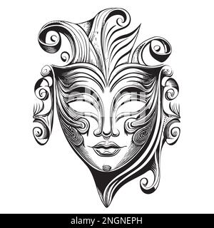 Maschera di carnevale, schizzo, line art. illustrazione per libro