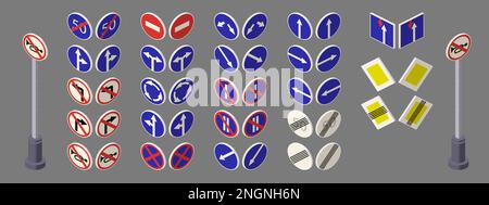 Una serie di segnaletica stradale su sfondo grigio, orizzontale, isometrica per la stampa e il design. Illustrazione vettoriale. Illustrazione Vettoriale