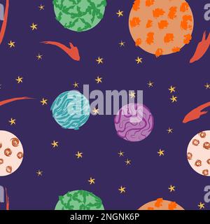 Vettore colorato spazio senza cuciture modello con pianeti, comete, costellazioni e stelle. Cielo notturno disegno a mano doodle sfondo astronomico Illustrazione Vettoriale