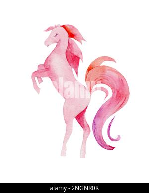 Acquerello illustrazione di un cavallo rosa su sfondo bianco. Disegno a mano per la stanza dei bambini, giocattoli Foto Stock