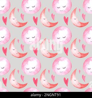 Ripetizione senza giunture. Acquerello dipinto a mano bella luna e mese. Illustrazione su sfondo bianco. tessuti, tessuti, carta da parati, baby show di design Foto Stock