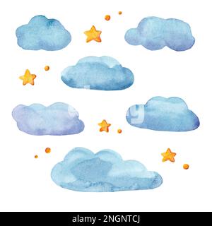 Nuvola di acquerello e stelle. Isolato su un bianco background. Mano disegnata acquerello illustrazione. Foto Stock