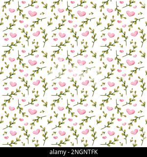 Acquerello motivo minimalista senza cuciture su sfondo bianco. Ramoscelli verdi e cuori. Modello per tessuto e carta scrapbooking. Foto Stock