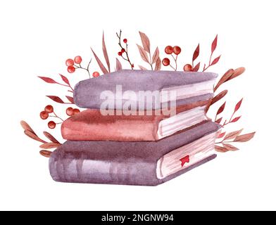 Pila di libri con decorazioni autunnali. Foglie e bacche. Acquerello disegno a mano isolato su sfondo bianco Foto Stock