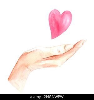 La mano della donna con un cuore. Acquerello disegnato a mano per cartoline Foto Stock