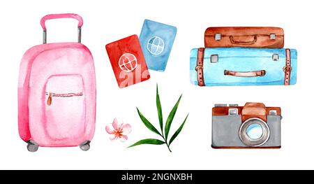 Vacanza. Valigie, borse, passaporti, piante tropicali, una macchina fotografica. Set di illustrazioni acquerello. Foto Stock
