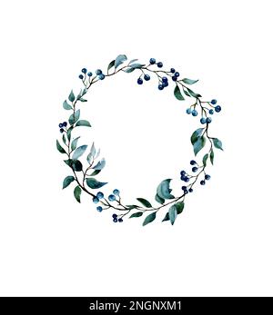 Acquerello bacche blu selvatiche corona di fiori e giacinto. Struttura floreale di buon compleanno disegnata a mano con elementi naturali: Bacche blu, foglie, rami Foto Stock