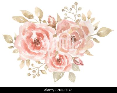 Foglie beige e bouquet di fiori rosa rossicci. Beige e rosa polverosa, verde. Ghirland floreale per matrimoni. Acquerello pastello. Foto Stock