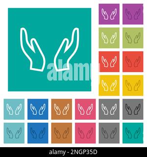 Mani di protezione vuote delineano icone piatte multicolore su sfondi quadrati semplici. Sono incluse le variazioni delle icone bianche e scure per il passaggio al mouse o per l'eff. Attivo Illustrazione Vettoriale