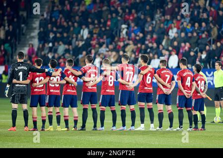 Pamplona, Spagna. 18th Feb, 2023. Squadra DI CA Osasuna durante il calcio spagnolo della Liga Santander, partita tra CA Osasuna e Real Madrid CF allo stadio Sadar. (Punteggio finale; CA Osasuna 0-2 Real Madrid CF). Credit: SOPA Images Limited/Alamy Live News Foto Stock