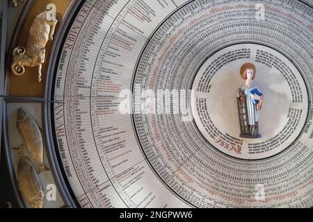 Orologio astronomico, Orologium mirabile Lundense, 15th ° secolo, con San Lorenzo in centro, Cattedrale di Lund, Lund, Svezia Foto Stock