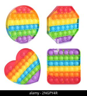 Set con i giocattoli fidget popolare Pop esso su sfondo bianco Foto Stock