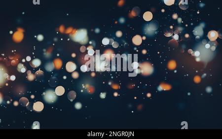 Particelle scintillanti che volano sullo sfondo, luci bokeh di notte, macchie lucide sfocate, bianco arancione blu su nero, banner di grandi dimensioni Foto Stock