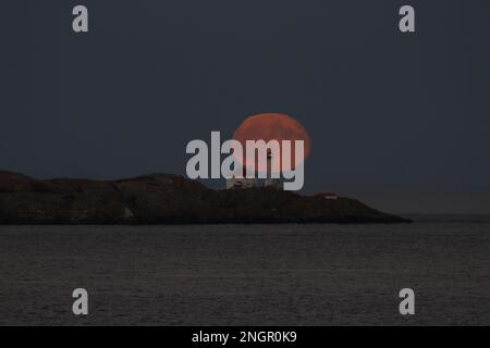 La luna piena che sorge dietro il faro di Trial Islands, al largo di Victoria, BC, Canada. Foto Stock