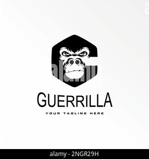 testa di gorilla in espressione arrabbiata con in esagono o ellisse come lettera G o C font con pellicola di rool sul naso logo grafico design concept animale iniziale Illustrazione Vettoriale