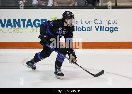 18 febbraio 2023: Bentley Falcons Forward Matt Gosiewski (13) pattina nel terzo periodo contro le Tigri RIT. Il Rochester Institute of Technology Tigers ha ospitato i Bentley University Falcons in una partita di hockey maschile NCAA al gene Polisseni Center di Rochester, New York. (Jonathan Tenca/CSM) Foto Stock