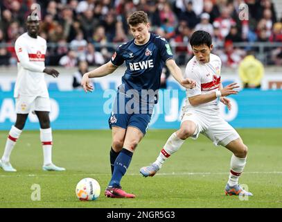 Stoccarda, Germania. 18th Feb, 2023. Endo Wataru (R) di Stoccarda vies con Eric Martel di Colonia durante la prima divisione tedesca Bundesliga partita di calcio tra VfB Stoccarda e FC Colonia a Stoccarda, Germania, 18 febbraio 2023. Credit: Philippe Ruiz/Xinhua/Alamy Live News Foto Stock