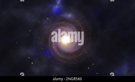 Galassia a spirale realistica con stelle blu e rosse su sfondo scuro. Foto Stock
