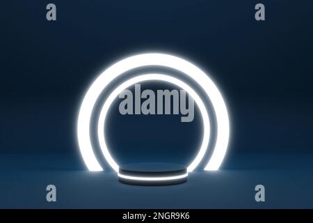 Podio vuoto con anello al neon in pendenza sullo sfondo. rappresentazione 3d. illustrazione con scena astratta con cornice al neon Foto Stock