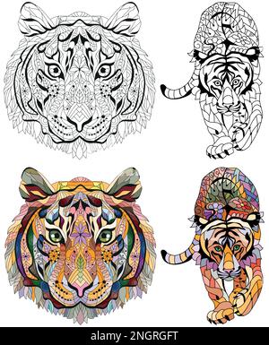 Zentangle Tiger per il disegno di t-shirt, per colorare, tatuaggio e altre decorazioni. Set di colori e contorni Illustrazione Vettoriale