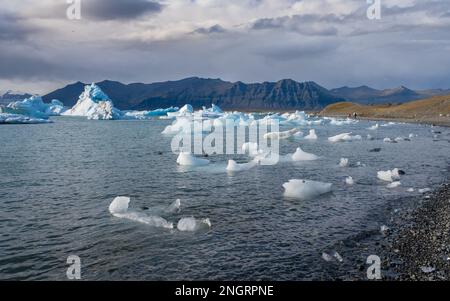 Piccoli iceberg galleggiano nella laguna glaciale di Jokulsarlon nel Parco Nazionale di Vatnajokull, Islanda Foto Stock