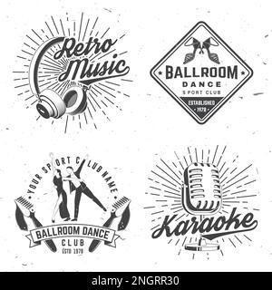 Set di musica retrò e di loghi per club sportivi da ballo, design di badge. Adesivo per sport di danza e musica retrò con microfono, cuffie con sunburst Illustrazione Vettoriale