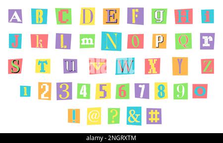 Lettere, numeri e punteggiatura anonimi a partire dalle riviste. Alfabeto clipping in stile psichedelico trendy 90s, 00s. Y2K estetica Illustrazione Vettoriale
