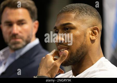 Boxer Anthony Joshua con il promotore Eddie Hearn (a sinistra) ad un Press Conf a West London, prima della sua lotta contro Jermaine Franklin. Foto Stock