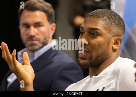 Boxer Anthony Joshua con il promotore Eddie Hearn (a sinistra) ad un Press Conf a West London, prima della sua lotta contro Jermaine Franklin. Foto Stock