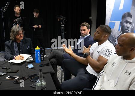 Boxer Anthony Joshua con il promotore Eddie Hearn (a sinistra) ad un Press Conf a West London, prima della sua lotta contro Jermaine Franklin. Foto Stock