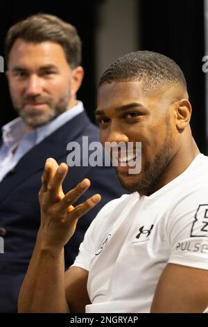 Boxer Anthony Joshua con il promotore Eddie Hearn (a sinistra) ad un Press Conf a West London, prima della sua lotta contro Jermaine Franklin. Foto Stock