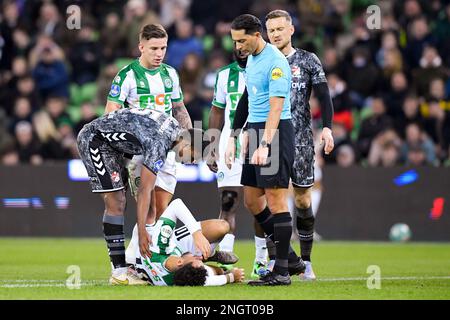 18-02-2023: Sport: Groningen contro Emmen GRONINGEN, PAESI BASSI - 18 FEBBRAIO: Deleho Irandust (FC Groningen) durante la partita Eredivie FC Groningen An Foto Stock