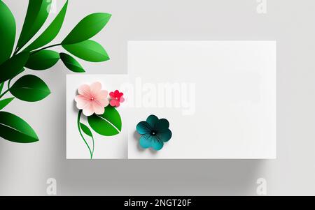 White paper mockup. Beffa di carta con fiori. Fiori di layout creativi con spazio per il testo su carta bianca. Disposizione piatta, vista dall'alto, spazio di copia Foto Stock