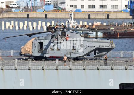 Prefettura di Kanagawa, Giappone - 23 agosto 2021: Royal Navy AgustaWestland elicottero Merlin HC4 sotto manutenzione. Foto Stock