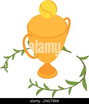 Icona del trofeo di tennis vettore isometrico. Palla da tennis d'oro su coppa premio e ramo. Sport Concept, vincitore del premio Illustrazione Vettoriale