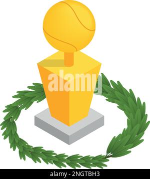 Icona trofeo sport vettore isometrico. Palla da tennis dorata su piedistallo e ramo. Sport Concept, vincitore del premio Illustrazione Vettoriale