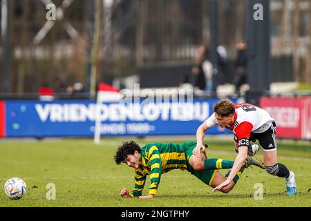 Rotterdam - Thijs Kraaijeveld durante la partita tra Feyenoord O17 e ADO O17 a Nieuw Varkenoord il 18 febbraio 2023 a Rotterdam, Paesi Bassi. (Foto Box to Box/Tobias Kleuver) Foto Stock