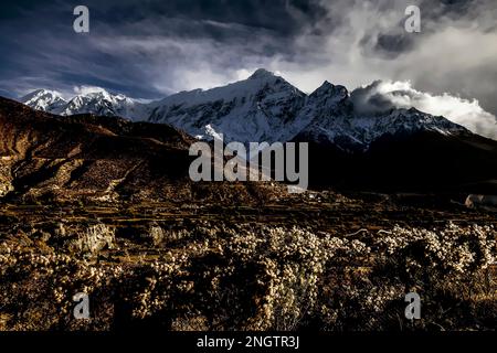 Nilgiri picco, vista dal villaggio di Jomsom. Escursione sul circuito di Annapurna. Mustang. Nepal Foto Stock