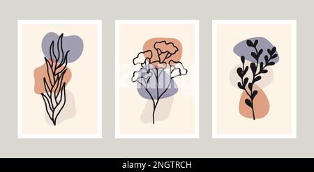 Set vettoriale per arte a parete botanica. Disegno a linee fogliame con forma astratta. Pianta astratta disegno d'arte per stampa, copertina, carta da parati, minimal e. Illustrazione Vettoriale