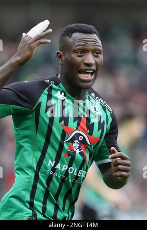 Kevin Denkey di Cercle festeggia dopo aver segnato durante una partita di calcio tra Cercle Brugge e Club Brugge, domenica 19 febbraio 2023 a Brugge, il 26° giorno della prima divisione del campionato belga della 'Jupiler Pro League' 2022-2023. FOTO DI BELGA BRUNO FAHY Foto Stock