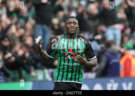 Kevin Denkey di Cercle festeggia dopo aver segnato durante una partita di calcio tra Cercle Brugge e Club Brugge, domenica 19 febbraio 2023 a Brugge, il 26° giorno della prima divisione del campionato belga della 'Jupiler Pro League' 2022-2023. FOTO DI BELGA BRUNO FAHY Foto Stock