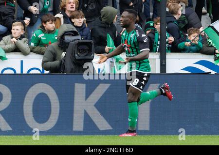 Kevin Denkey di Cercle festeggia dopo aver segnato durante una partita di calcio tra Cercle Brugge e Club Brugge, domenica 19 febbraio 2023 a Brugge, il 26° giorno della prima divisione del campionato belga della 'Jupiler Pro League' 2022-2023. BELGA FOTO KURT DESPLENTER Foto Stock