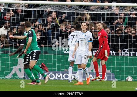 Kevin Denkey di Cercle festeggia dopo aver segnato durante una partita di calcio tra Cercle Brugge e Club Brugge, domenica 19 febbraio 2023 a Brugge, il 26° giorno della prima divisione del campionato belga della 'Jupiler Pro League' 2022-2023. BELGA FOTO KURT DESPLENTER Foto Stock