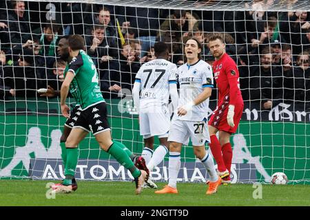 Kevin Denkey di Cercle festeggia dopo aver segnato durante una partita di calcio tra Cercle Brugge e Club Brugge, domenica 19 febbraio 2023 a Brugge, il 26° giorno della prima divisione del campionato belga della 'Jupiler Pro League' 2022-2023. BELGA FOTO KURT DESPLENTER Foto Stock