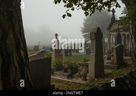 Cimitero spettrale nella campagna della Francia nel tempo nebbiosa Foto Stock