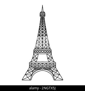 Torre Eiffel in stile doodle disegnato a mano. Illustrazione vettoriale isolata su sfondo bianco Illustrazione Vettoriale